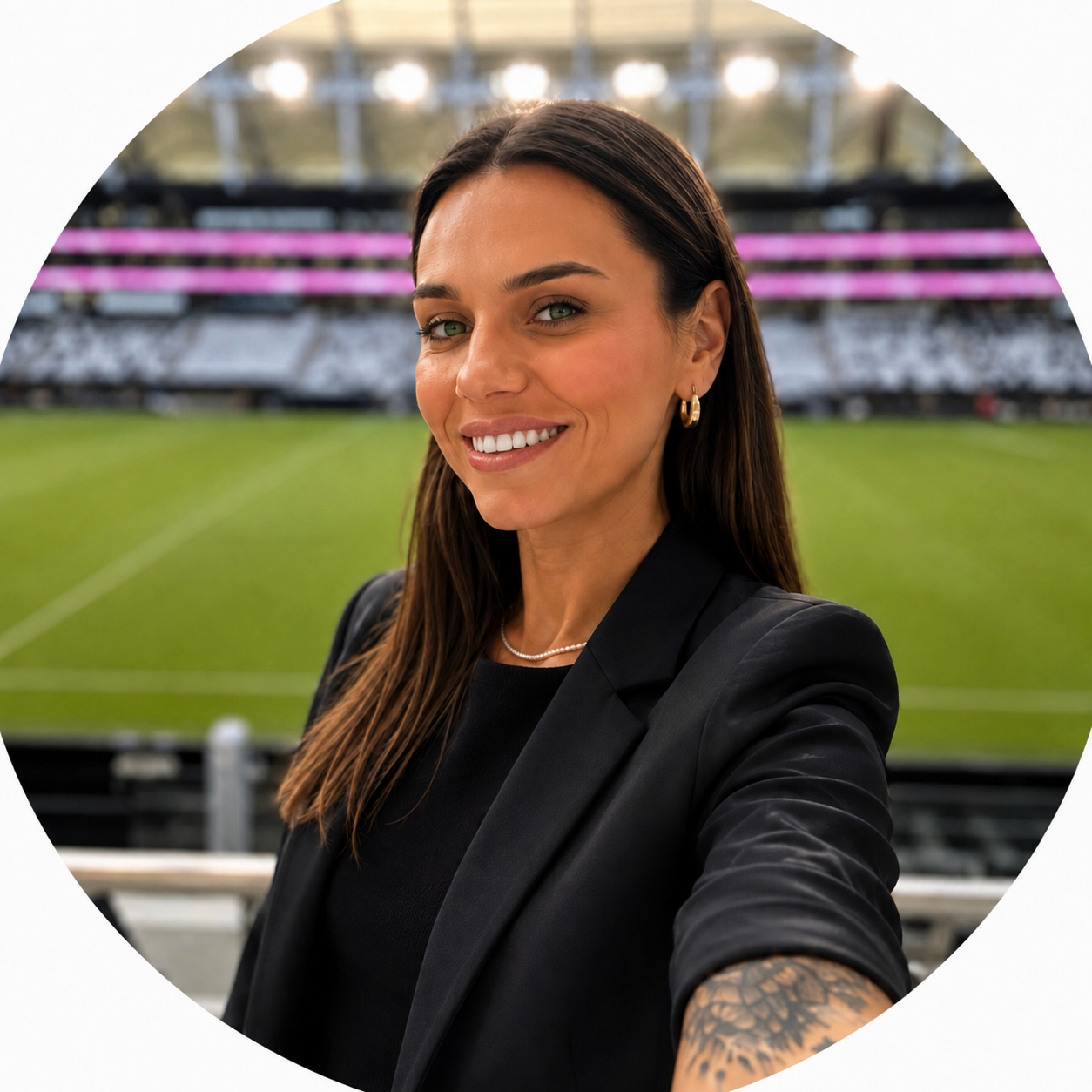 Amanda Zerilli, founder of Parelate, standing in a soccer stadium
